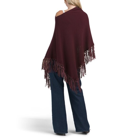 TESMA bordeaux Made In Italy Cashmere Blend Poncho With Real Suede Fringes - Picture 2 of 2